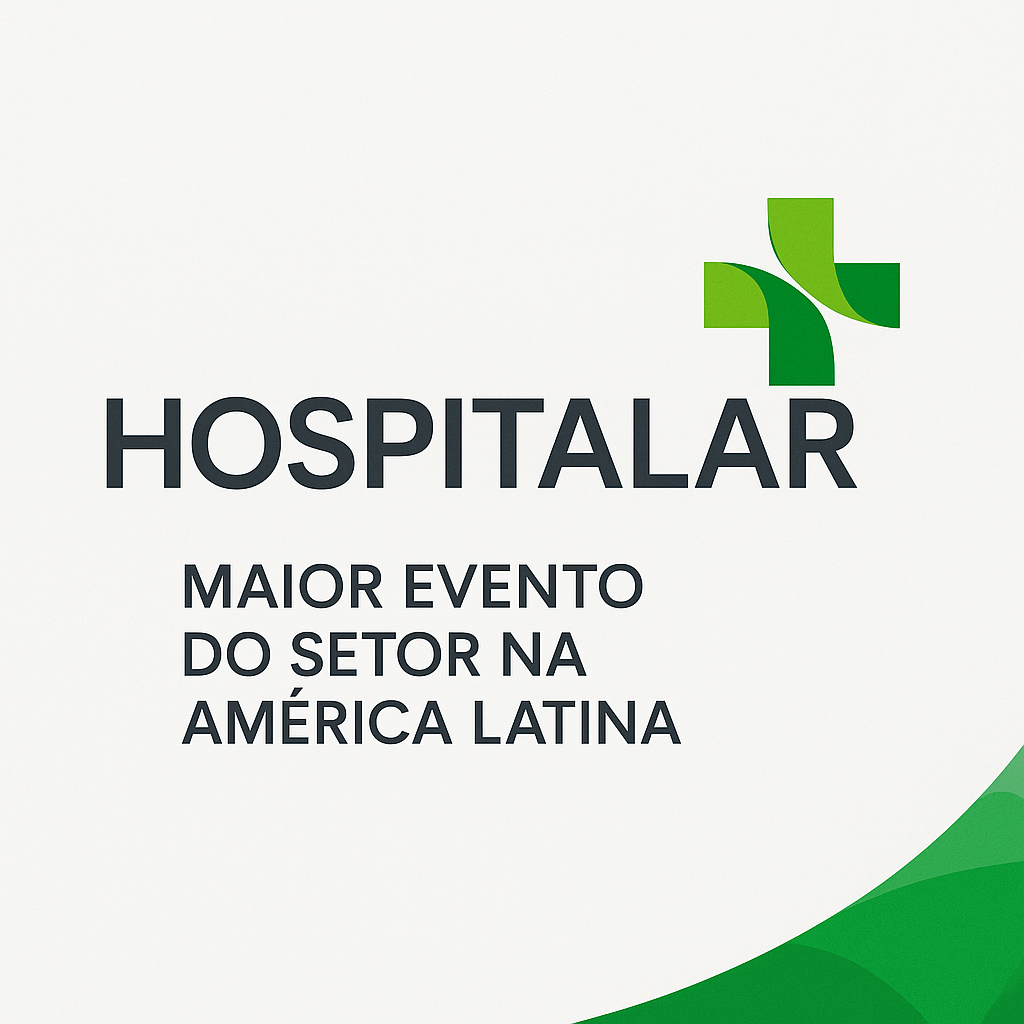 Imagem promocional da Feira Hospitalar, destacando o texto "Hospitalar – Maior evento do setor na América Latina", com fundo branco e elementos gráficos em tons de verde. O design remete ao setor de serviços de saúde, com foco em inovação, incluindo áreas como telerradiologia, tecnologia médica e gestão hospitalar