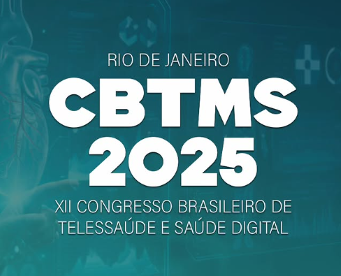 Banner do evento CBTMS 2025. O texto principal diz: "CBTMS 2025, XII Congresso Brasileiro de Telessaúde e Saúde Digital". Logo abaixo, o tema do evento: "Educação para Transformação Digital na Saúde". Na parte inferior, a data e local: "16 e 17 de outubro de 2025 | Rio de Janeiro - RJ"