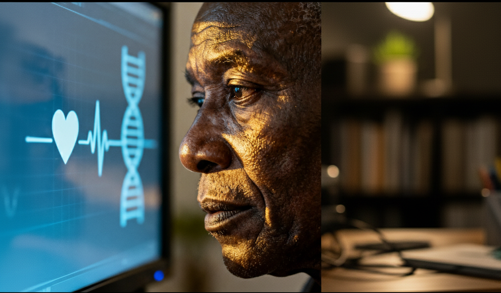 Um homem negro com olhar distante, com uma tela com simbolos da saúde refletindo sobre a previsão do futuro de sua saúde em 20 anos