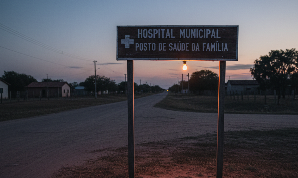 Foto em ambiente rural ao entardecer, mostrando uma placa de madeira escura com letras brancas que indicam "Hospital Municipal" e "Posto de Saúde da Família". A placa está fincada em uma estrada de terra batida e uma única lâmpada acesa, pendurada nela, lança uma luz quente sobre o chão seco e rachado. Ao fundo, a silhueta de casas simples e árvores contra o céu com cores do crepúsculo. A atmosfera é calma e um pouco melancólica.