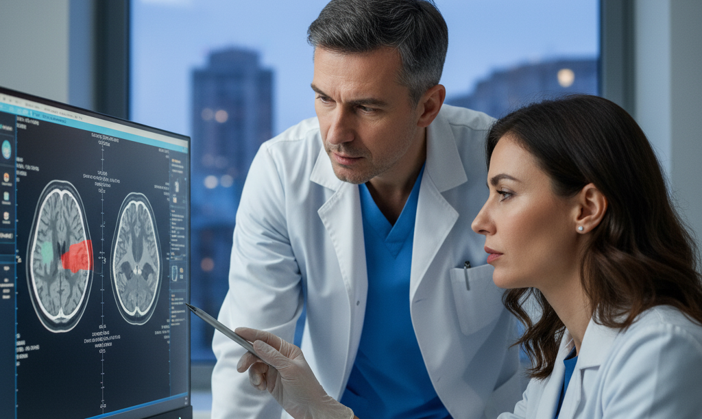 Diagnóstico de AVC Médico radiologista analisa tomografia de crânio em monitor de alta definição, focando no diagnóstico de AVC, ilustrando a importância da pesquisa em diagnóstico por imagem.