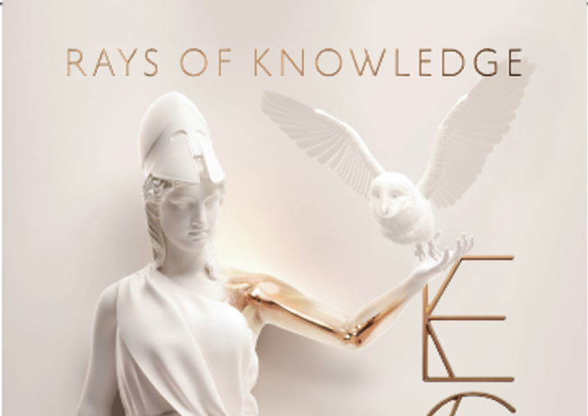 A imagem mostra uma estátua branca de uma figura feminina, possivelmente Atena, com um capacete. Ela tem um braço parcialmente translúcido mostrando ossos e uma luz dourada emanando de seu ombro. Em sua mão estendida, um coruja branca estilizada está pousada. À direita da estátua, as letras "ECR" estão dispostas verticalmente em um tom dourado, com "2026" abaixo delas. No topo, está escrito "RAYS OF KNOWLEDGE" e na parte inferior, informações sobre o evento "VIENNA / 04 - 08 MARCH" e logotipos de organizações. O fundo é de um tom branco ou creme suave