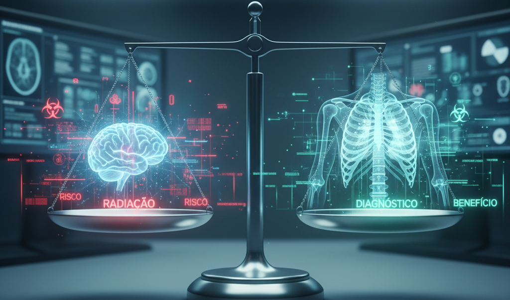 Balança da justiça simbolizando o equilíbrio entre risco e benefício nos exames de imagem. De um lado, o prato "Radiação" representa o risco potencial para a saúde, enquanto do outro, o prato "Diagnóstico" mostra o benefício de uma imagem clara de um exame de tórax. O fundo tecnológico reforça a importância de pesar o uso da radiação para um diagnóstico preciso, garantindo a segurança do paciente