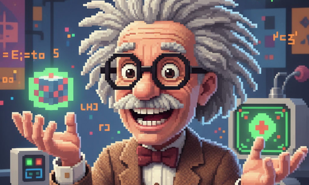 Ilustração em pixel art estilo retrô de um cientista caricato