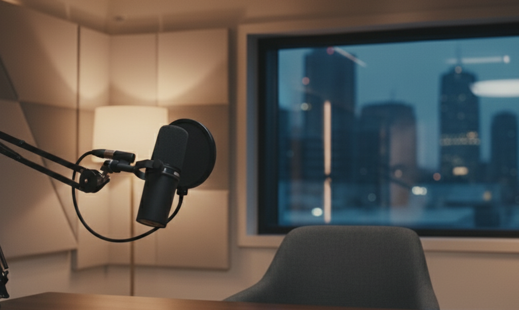 Estúdio de podcast moderno e profissional, com microfone de alta qualidade e vista para uma cidade, simbolizando o hub de curadoria Telepacs que oferece insights de saúde em formato de podcast
