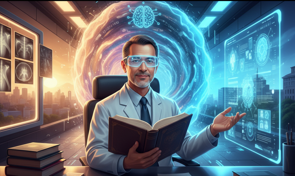 Um radiologista sorridente, de meia-idade, com óculos futuristas azuis, sentado em uma mesa de escritório futurista. Ele veste um jaleco branco e uma camisa social com gravata, segurando um livro tradicional de capa dura com uma das mãos, enquanto a outra gesticula para uma tela de interface holográfica à direita. Ao fundo, um portal de energia azul e laranja brilha, simbolizando a IA e a tecnologia emergente, com uma cidade futurista em segundo plano. À esquerda, monitores mostram imagens de raios-X tradicionais. A imagem representa a fusão entre o conhecimento clássico e a inovação tecnológica na radiologia.