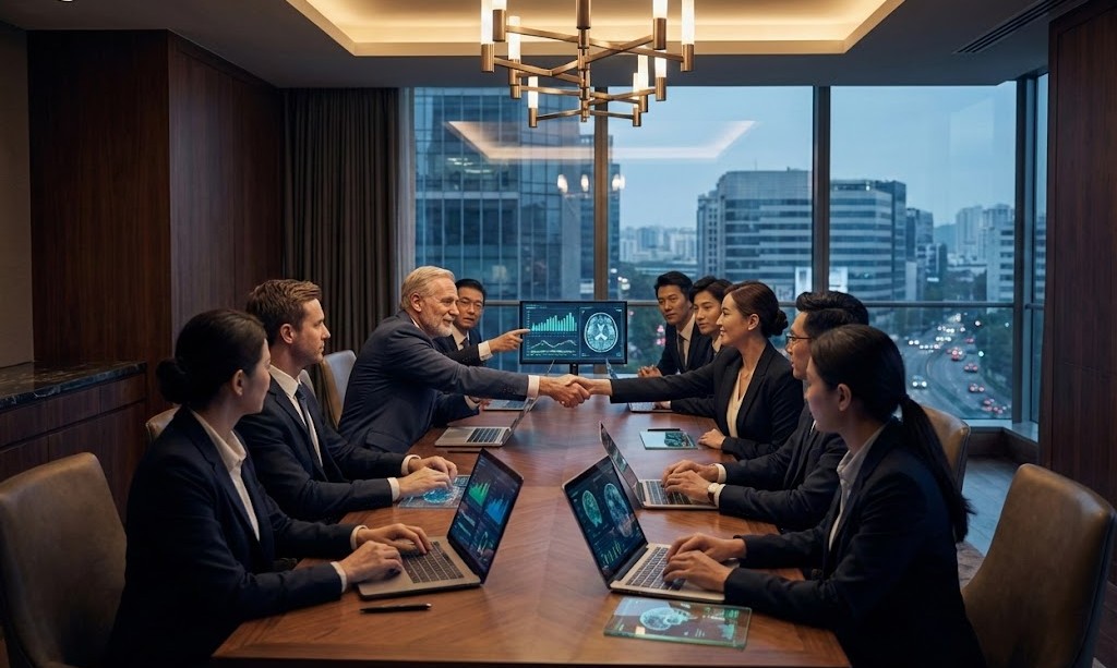 Executivos de saúde em reunião estratégica de alto nível, apertando as mãos sobre uma mesa de conferência. Laptops e tablets transparentes exibem exames de diagnóstico por imagem (como ressonância magnética) e gráficos de desempenho, simbolizando uma parceria focada em inovação tecnológica, telerradiologia e soluções de saúde digital para eficiência operacional.