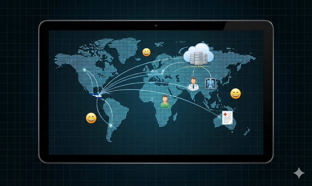 Ilustração digital exibida na tela de um tablet, mostrando um mapa das Américas. O país El Salvador está brilhantemente destacado com uma luz azul e verde no centro, de onde irradiam linhas de conexão de rede para diversos ícones de saúde digital espalhados pelo continente, incluindo servidores em nuvem, médicos em monitores, tablets com exames de Raio-X e prontuários médicos. Emojis de rostos amarelos sorridentes flutuam ao redor das conexões.