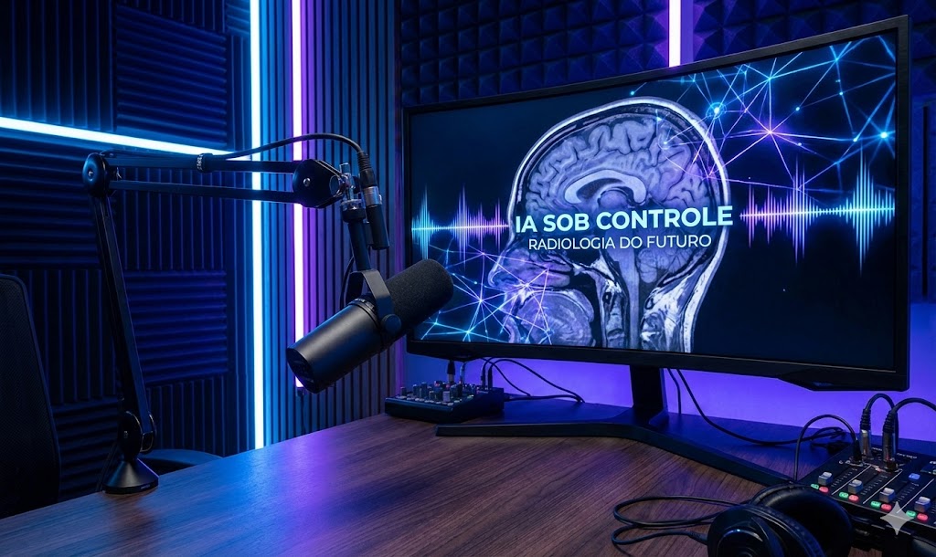 Estúdio de podcast com iluminação em tons de azul e roxo. Em primeiro plano, um microfone profissional em um suporte articulado. Ao fundo, um monitor curvo exibe uma imagem de ressonância magnética cerebral com linhas de uma rede neural digital e ondas sonoras brilhantes, juntamente com o texto "IA SOB CONTROLE RADIOLOGIA DO FUTURO". O ambiente inclui painéis de espuma acústica e equipamentos de áudio sobre a mesa.