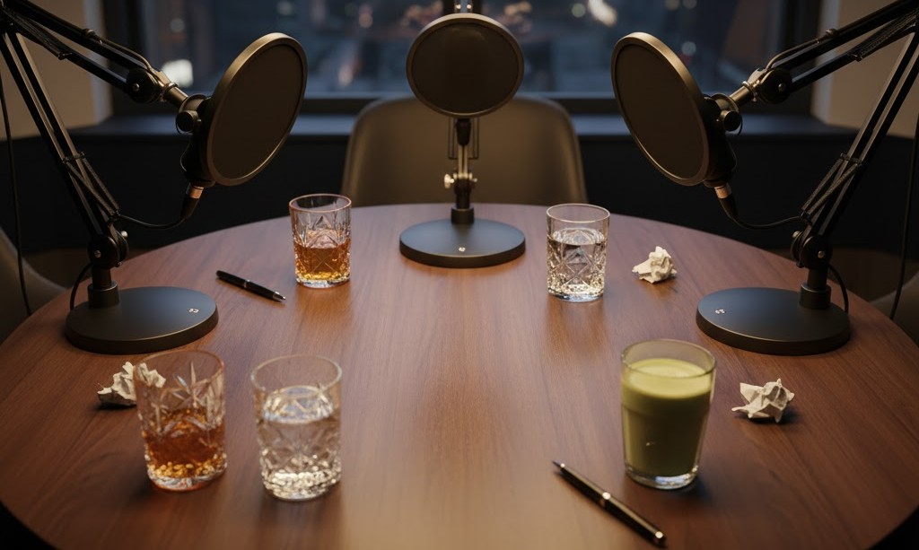 Foto aérea de uma mesa de gravação de podcast, com três microfones profissionais apontados para três lugares, cada um com um copo de vidro e um bloco de anotações, em um estúdio moderno.