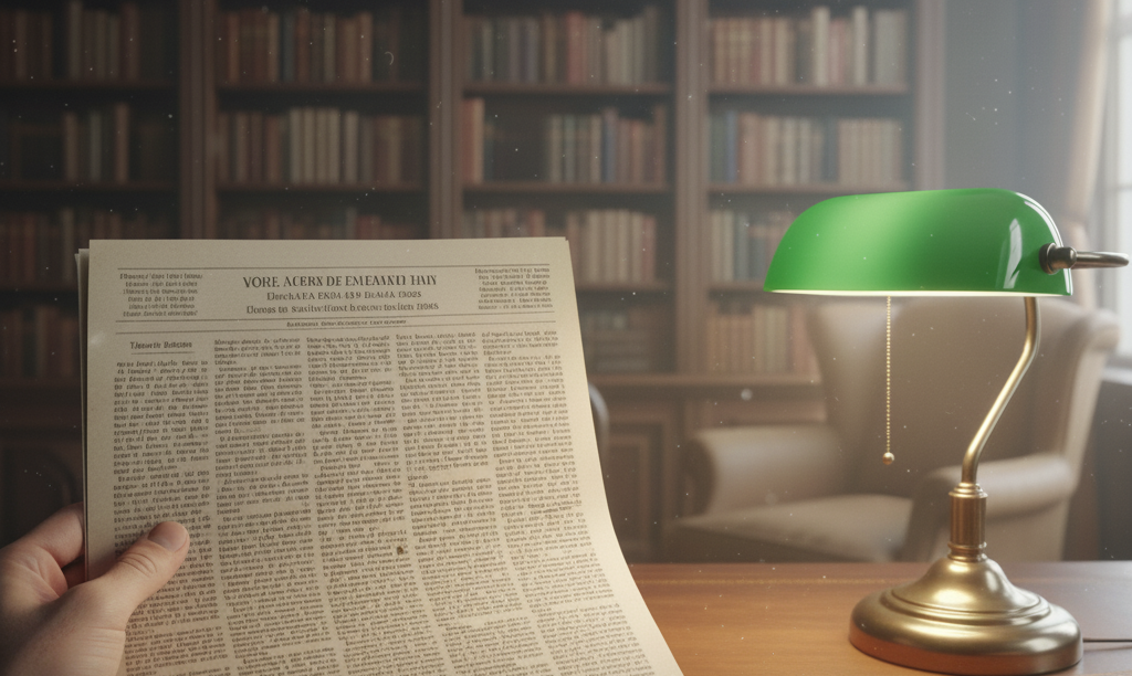 Um jornal aberto com o título "Inovação em Saúde: Como a Lógica do Nobel de Economia Ilumina o Caminho" sendo segurado por uma mão em primeiro plano. Ao fundo, uma sala clássica que parece uma biblioteca particular, com estantes de livros, uma poltrona, e um abajur de mesa com cúpula verde e base dourada iluminando a cena. A imagem é vista da perspectiva de um leitor.