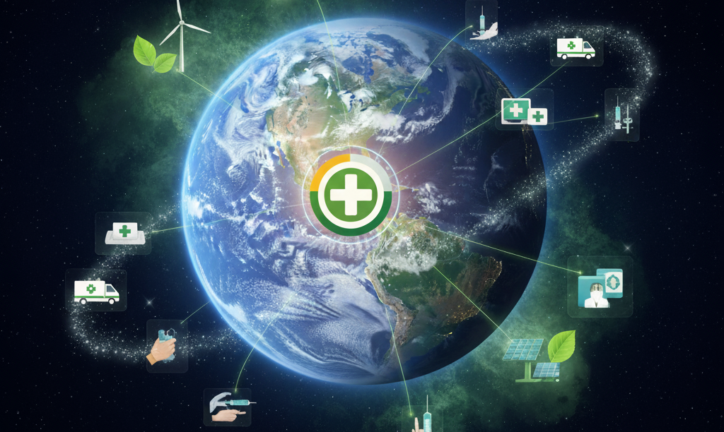 Imagem conceitual mostrando o planeta Terra no espaço. Um estetoscópio azul luminoso está enrolado no globo, com o diafragma sobre a América do Sul. Uma grande cruz azul, símbolo universal da saúde, brilha intensamente sobre a mesma região. O fundo é o espaço profundo, com estrelas e nebulosas.