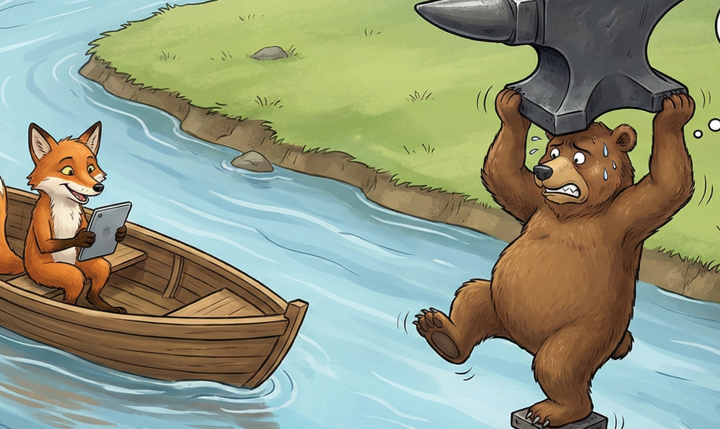 Ilustração em estilo cartoon mostrando dois animais em um rio. À esquerda, uma raposa sorridente e tranquila navega facilmente em um barco de madeira, olhando para um tablet. À direita, um urso com expressão de sofrimento e suando se equilibra precariamente em um único pé sobre um pilar de metal no meio da água, segurando com esforço uma bigorna gigante de ferro sobre a cabeça. Um balão de pensamento acima do urso mostra um labirinto complexo