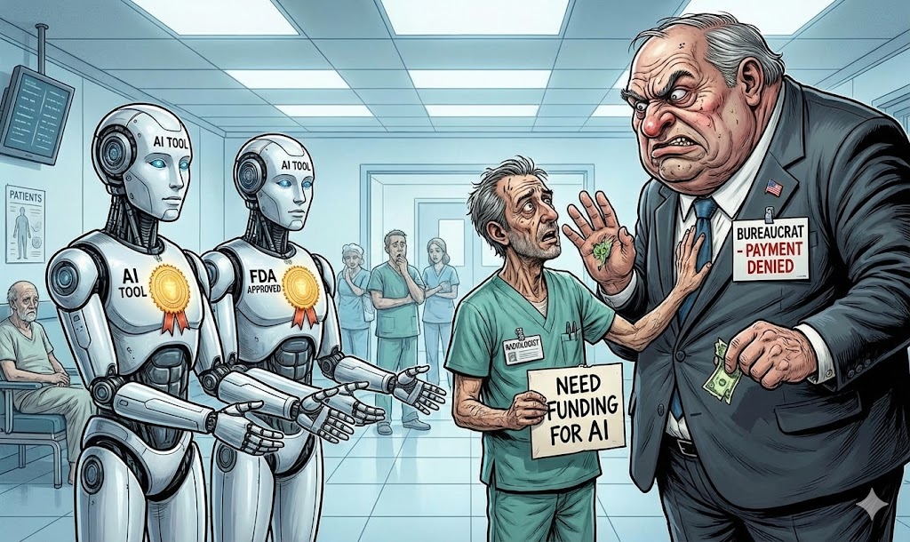 Uma ilustração de cartoon político em um corredor de hospital mostra dois robôs humanoides com selos "AI TOOL" e "FDA APPROVED" com as mãos estendidas. Um radiologista, parecendo exausto, segura uma placa que diz "NEED FUNDING FOR AI" e estende a mão para um burocrata obeso e carrancudo de terno. O burocrata, com um crachá "BUREAUCRAT - PAYMENT DENIED", empurra a mão do radiologista e segura uma pequena nota de dólar rasgada, negando o pagamento. Outros profissionais de saúde e pacientes observam ao fundo com expressões de preocupação.