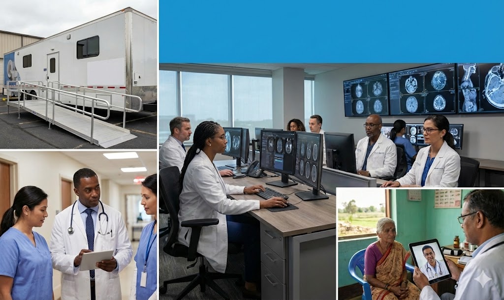 Colagem de quatro imagens ilustrando inovações em acessibilidade na radiologia. O painel superior esquerdo mostra uma unidade móvel de imagem com rampa de acesso ao nível do solo. O painel central exibe uma equipe de radiologistas em uma sala de leitura moderna, utilizando estações de telerradiologia com múltiplos monitores para análise de exames de imagem (RM/TC). O painel inferior esquerdo mostra médicos e equipe clínica discutindo com um tablet. O painel inferior direito retrata uma consulta de telediagnóstico, com uma paciente idosa em área rural segurando um tablet que mostra um médico, destacando o laudo a distância e o acesso remoto ao cuidado.