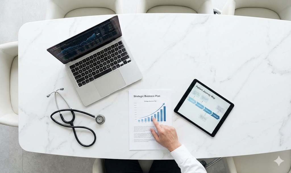Visão aérea de uma mesa de mármore branco com um estetoscópio, um notebook, um tablet mostrando o mapa da jornada do paciente e um documento de planejamento estratégico. Uma mão aponta para um gráfico de crescimento ascendente em um papel, representando a gestão profissional e a eficiência em clínicas de saúde.