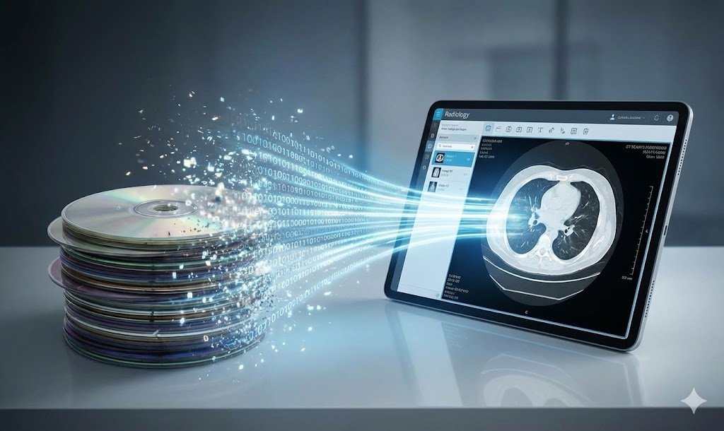 Uma imagem fotorrealista em um ambiente moderno mostra uma pilha de CDs e DVDs antigos à esquerda, que estão se desintegrando em um fluxo de luz azul brilhante com partículas e código binário. Esse fluxo de dados viaja pelo ar e entra na tela de um tablet à direita. O tablet exibe uma interface de software de radiologia com uma imagem de tomografia computadorizada do tórax e informações do paciente. A imagem simboliza a digitalização de registros médicos físicos para digitais.