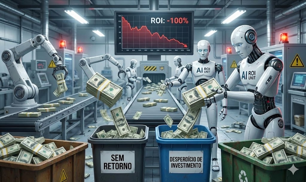 Uma imagem satírica em uma fábrica futurista mostra robôs humanoides e braços robóticos, identificados como "AI ROI UNIT", descartando grandes quantidades de dinheiro de esteiras transportadoras diretamente em lixeiras. As lixeiras estão rotuladas em português como "SEM RETORNO" e "DESPERDÍCIO DE INVESTIMENTO". Ao fundo, um monitor grande exibe um gráfico financeiro vermelho em queda acentuada com o texto em destaque "ROI: -100%