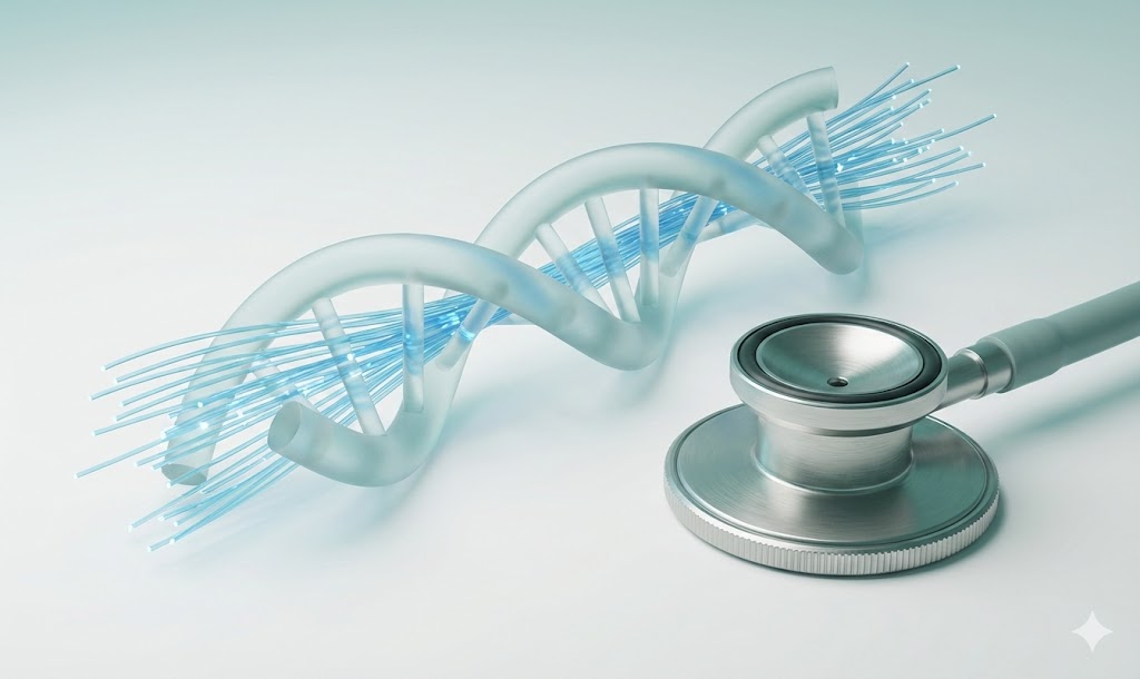 Representação minimalista da Saúde 5.0 mostrando hélice de DNA entrelaçada com fibras ópticas e um estetoscópio em tons de azul e branco, simbolizando tecnologia e inovação médica.