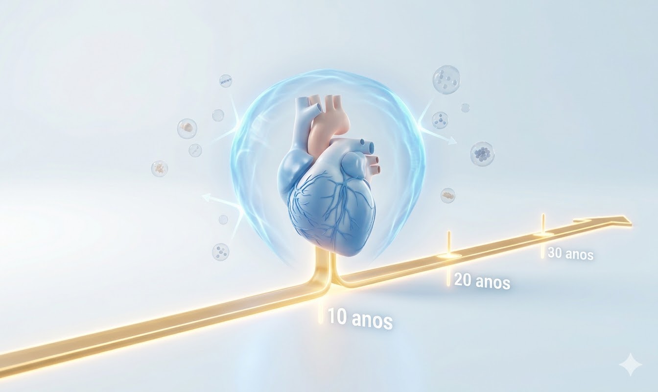 Uma ilustração conceitual em 3D mostra um coração humano protegido por um escudo de energia azul. Uma estrada dourada brilha abaixo do coração, indicando uma linha do tempo com os marcadores "10 anos", "20 anos" e "30 anos".