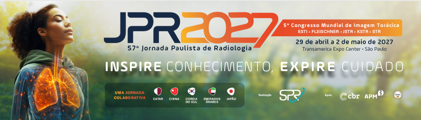 Banner horizontal do congresso de radiologia JPR 2027, mostrando uma mulher negra de perfil com pulmões luminosos em uma floresta, sob o slogan "INSPIRE CONHECIMENTO, EXPIRE CUIDADO". Inclui o logotipo grande "JPR 2027", as datas de 29 de abril a 2 de maio, no Transamerica Expo Center, São Paulo, e detalhes da "6º Congresso Mundial de Imagem Cardiotorácica" com parcerias internacionais de Catar, China, Coreia do Sul, Emirados Árabes e Japão