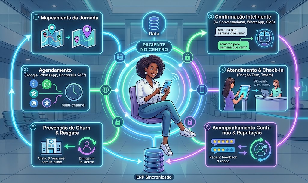Infográfico ilustrado em tons de azul e roxo mostrando uma mulher negra com smartphone no centro de um fluxo circular tecnológico. Ao redor dela, setas luminosas interligam 6 etapas da jornada em saúde: 1. Mapeamento da Jornada; 2. Agendamento Multicanal 24/7; 3. Confirmação Inteligente com IA; 4. Check-in em Totem; 5. Prevenção de Churn; e 6. Acompanhamento Contínuo com Avaliação 5 Estrelas, todos sincronizados a um banco de dados central de ERP.
