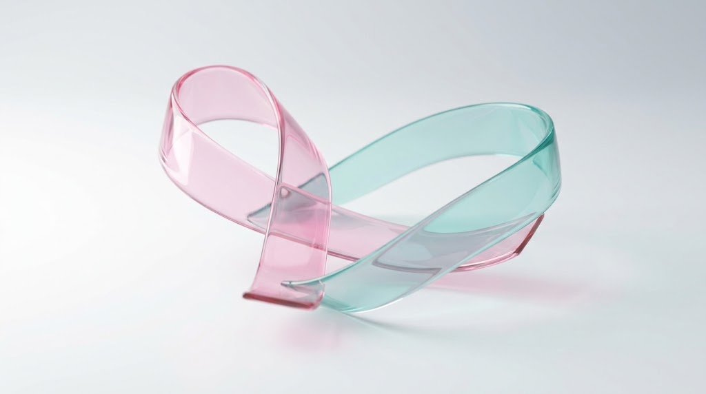 Composição conceitual minimalista com fitas de vidro translúcido em tons de rosa e verde claro sobre fundo branco, representando a proteção e o cuidado preventivo na mamografia.